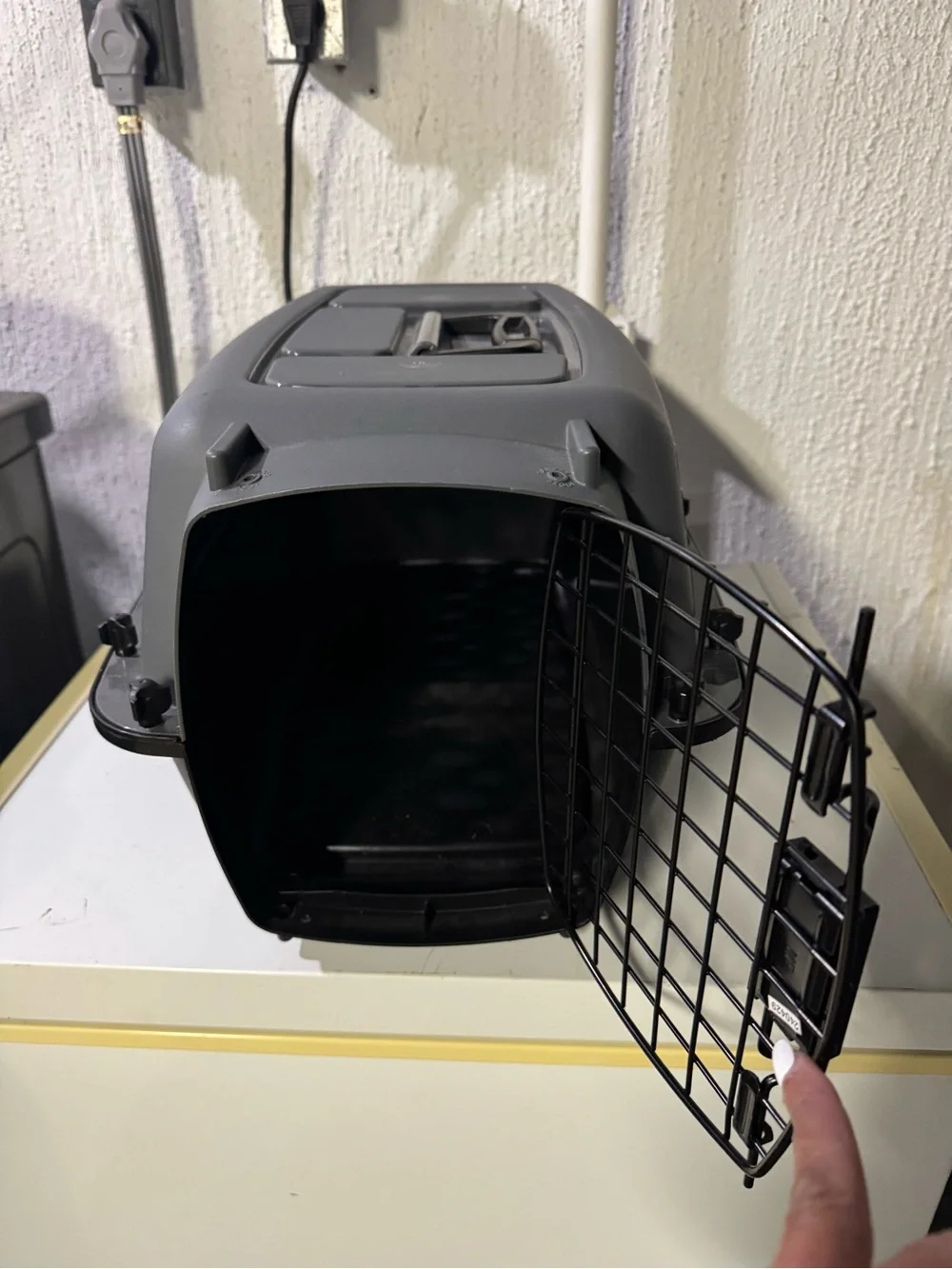Grey Plastic Pet Carrier with Black Wire Door